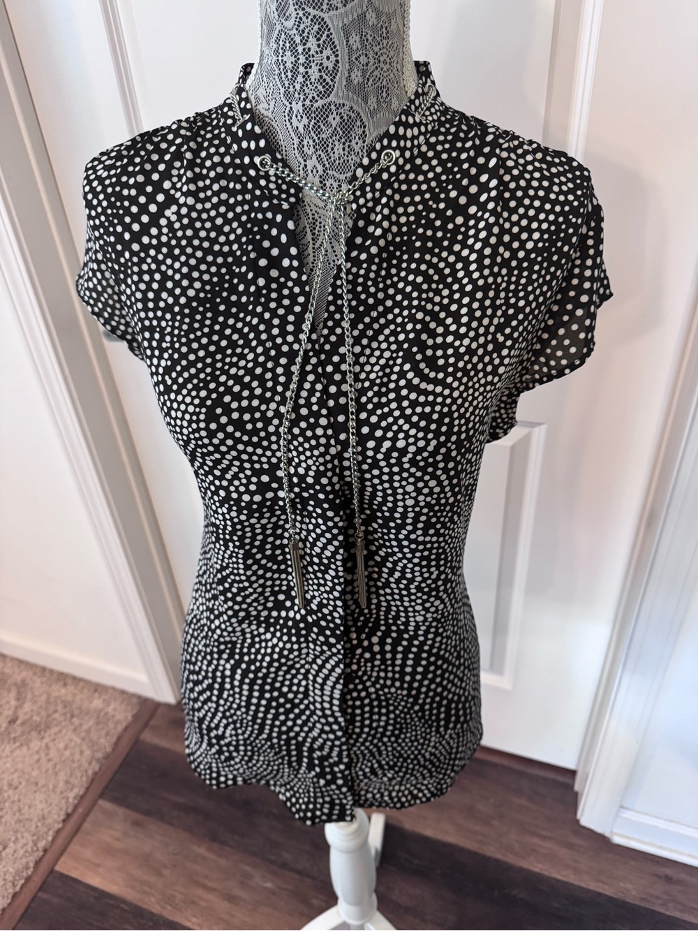 Women's Black and White Polka Dot Tie-Neck Blouse